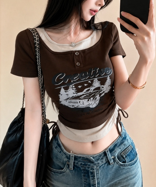 VIVID LADY(ビビッドレディー)の「レイヤード風 ドロスト クロップド 半袖Tシャツ(Tシャツ/カットソー・レディース・ブラック/チャコールグレー/ベージュ/ブラウン/ホワイト・FREE)」の4枚目の写真