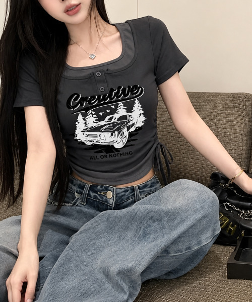 レイヤード風 ドロスト クロップド 半袖Tシャツ（Tシャツ/カットソー