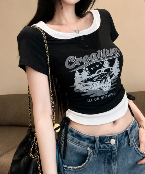 VIVID LADY(ビビッドレディー)の「レイヤード風 ドロスト クロップド 半袖Tシャツ(Tシャツ/カットソー・レディース・ブラック/チャコールグレー/ベージュ/ブラウン/ホワイト・FREE)」の1枚目の写真