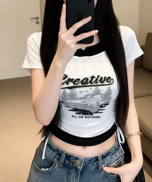 VIVID LADY(ビビッドレディー)の「レイヤード風 ドロスト クロップド 半袖Tシャツ(Tシャツ/カットソー・レディース・ブラック/チャコールグレー/ベージュ/ブラウン/ホワイト・FREE)」の15枚目の写真