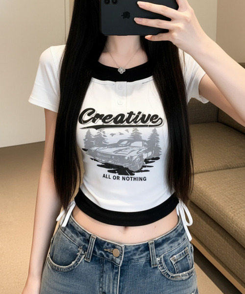 VIVID LADY(ビビッドレディー)の「レイヤード風 ドロスト クロップド 半袖Tシャツ(Tシャツ/カットソー・レディース・ブラック/チャコールグレー/ベージュ/ブラウン/ホワイト・FREE)」の12枚目の写真