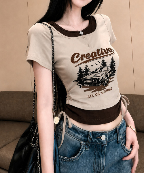 VIVID LADY(ビビッドレディー)の「レイヤード風 ドロスト クロップド 半袖Tシャツ(Tシャツ/カットソー・レディース・ブラック/チャコールグレー/ベージュ/ブラウン/ホワイト・FREE)」の7枚目の写真