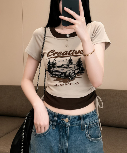 VIVID LADY(ビビッドレディー)の「レイヤード風 ドロスト クロップド 半袖Tシャツ(Tシャツ/カットソー・レディース・ブラック/チャコールグレー/ベージュ/ブラウン/ホワイト・FREE)」の8枚目の写真