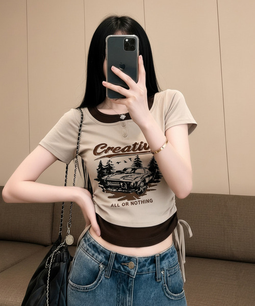 VIVID LADY(ビビッドレディー)の「レイヤード風 ドロスト クロップド 半袖Tシャツ(Tシャツ/カットソー・レディース・ブラック/チャコールグレー/ベージュ/ブラウン/ホワイト・FREE)」の9枚目の写真