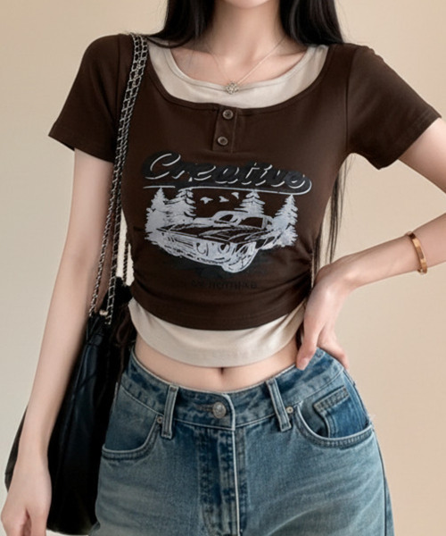VIVID LADY(ビビッドレディー)の「レイヤード風 ドロスト クロップド 半袖Tシャツ(Tシャツ/カットソー・レディース・ブラック/チャコールグレー/ベージュ/ブラウン/ホワイト・FREE)」の10枚目の写真