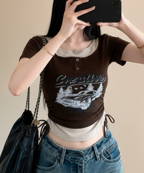 VIVID LADY(ビビッドレディー)の「レイヤード風 ドロスト クロップド 半袖Tシャツ(Tシャツ/カットソー・レディース・ブラック/チャコールグレー/ベージュ/ブラウン/ホワイト・FREE)」の21枚目の写真