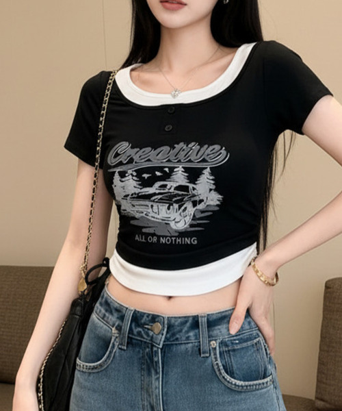 VIVID LADY(ビビッドレディー)の「レイヤード風 ドロスト クロップド 半袖Tシャツ(Tシャツ/カットソー・レディース・ブラック/チャコールグレー/ベージュ/ブラウン/ホワイト・FREE)」の17枚目の写真