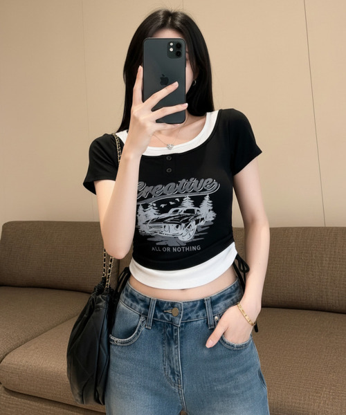 VIVID LADY(ビビッドレディー)の「レイヤード風 ドロスト クロップド 半袖Tシャツ(Tシャツ/カットソー・レディース・ブラック/チャコールグレー/ベージュ/ブラウン/ホワイト・FREE)」の18枚目の写真