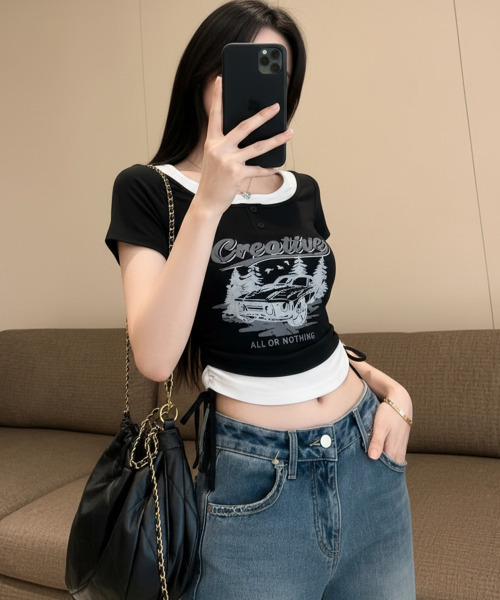 VIVID LADY(ビビッドレディー)の「レイヤード風 ドロスト クロップド 半袖Tシャツ(Tシャツ/カットソー・レディース・ブラック/チャコールグレー/ベージュ/ブラウン/ホワイト・FREE)」の19枚目の写真