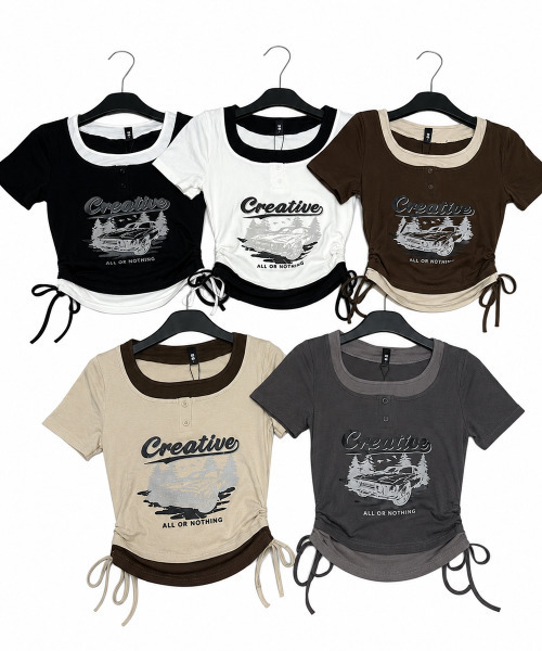 VIVID LADY(ビビッドレディー)の「レイヤード風 ドロスト クロップド 半袖Tシャツ(Tシャツ/カットソー・レディース・ブラック/チャコールグレー/ベージュ/ブラウン/ホワイト・FREE)」の20枚目の写真