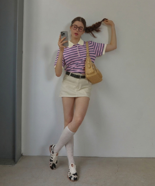ANOETIC(アノエティック)の「ANC STRIPE RUGBY HALF T-SHIRT_LAVENDER(Tシャツ/カットソー・レディース・ラベンダー・FREE)」の3枚目の写真