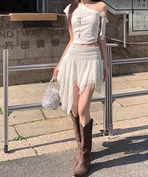 SHERU(シェル)の「花柄レースアシンメトリー不揃い裾レイヤードオーバースカート レイヤード重ね着用シアースカート レディース Y2K グランジボトムス(スカート・レディース・ホワイト/ブラック・F)」の16枚目の写真