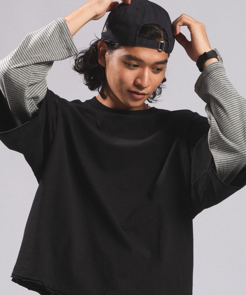 RAGEBLUE（レイジブルー）の「STRIPED SLEEVE FAKE LAYERED LONG SLEEVE T-SHIRT/袖ボーダーフェイクレイヤードロンT（Tシャツ/カットソー・メンズ・グレー/ブラック・MEDIUM/LARGE）」の4枚目の写真
