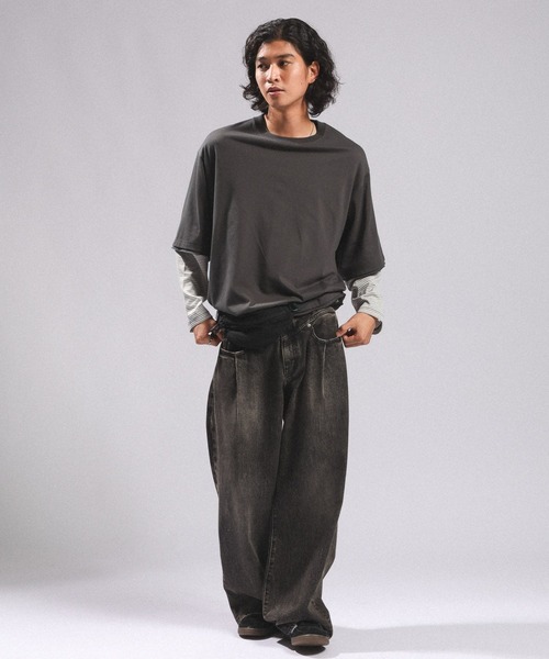 RAGEBLUE（レイジブルー）の「STRIPED SLEEVE FAKE LAYERED LONG SLEEVE T-SHIRT/袖ボーダーフェイクレイヤードロンT（Tシャツ/カットソー・メンズ・グレー/ブラック・MEDIUM/LARGE）」の6枚目の写真