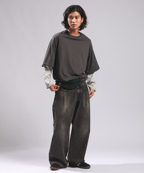 RAGEBLUE（レイジブルー）の「STRIPED SLEEVE FAKE LAYERED LONG SLEEVE T-SHIRT/袖ボーダーフェイクレイヤードロンT（Tシャツ/カットソー・メンズ・グレー/ブラック・MEDIUM/LARGE）」の7枚目の写真