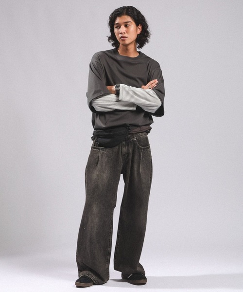 RAGEBLUE（レイジブルー）の「STRIPED SLEEVE FAKE LAYERED LONG SLEEVE T-SHIRT/袖ボーダーフェイクレイヤードロンT（Tシャツ/カットソー・メンズ・グレー/ブラック・MEDIUM/LARGE）」の8枚目の写真