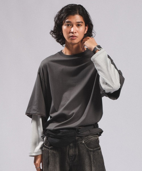 RAGEBLUE（レイジブルー）の「STRIPED SLEEVE FAKE LAYERED LONG SLEEVE T-SHIRT/袖ボーダーフェイクレイヤードロンT（Tシャツ/カットソー・メンズ・グレー/ブラック・MEDIUM/LARGE）」の9枚目の写真