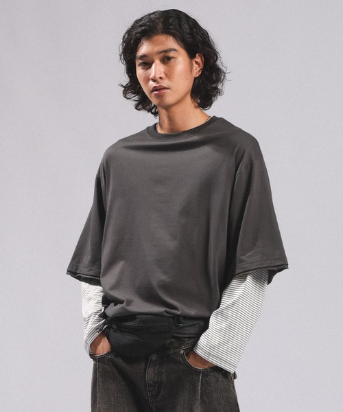 RAGEBLUE（レイジブルー）の「STRIPED SLEEVE FAKE LAYERED LONG SLEEVE T-SHIRT/袖ボーダーフェイクレイヤードロンT（Tシャツ/カットソー・メンズ・グレー/ブラック・MEDIUM/LARGE）」の10枚目の写真