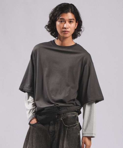 RAGEBLUE（レイジブルー）の「STRIPED SLEEVE FAKE LAYERED LONG SLEEVE T-SHIRT/袖ボーダーフェイクレイヤードロンT（Tシャツ/カットソー・メンズ・グレー/ブラック・MEDIUM/LARGE）」の11枚目の写真