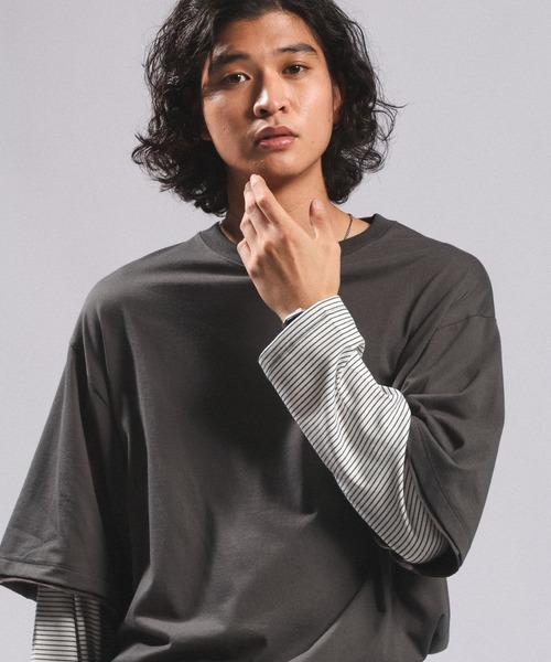 RAGEBLUE（レイジブルー）の「STRIPED SLEEVE FAKE LAYERED LONG SLEEVE T-SHIRT/袖ボーダーフェイクレイヤードロンT（Tシャツ/カットソー・メンズ・グレー/ブラック・MEDIUM/LARGE）」の12枚目の写真