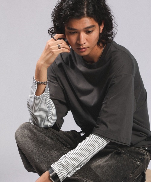 RAGEBLUE（レイジブルー）の「STRIPED SLEEVE FAKE LAYERED LONG SLEEVE T-SHIRT/袖ボーダーフェイクレイヤードロンT（Tシャツ/カットソー・メンズ・グレー/ブラック・MEDIUM/LARGE）」の14枚目の写真