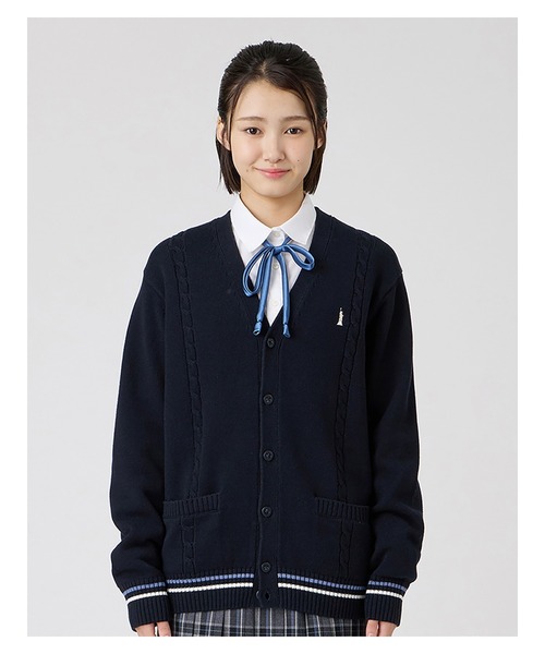 EASTBOY（イーストボーイ）の「カーディガン 綿×裏暖 プレーティング 7G ケーブル編 ライン入り 制服 スクールニット 中学生 高校生（カーディガン/ボレロ・キッズ・ネイビー/チャコール・11号/9号）」の3枚目の写真