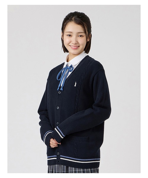 EASTBOY（イーストボーイ）の「カーディガン 綿×裏暖 プレーティング 7G ケーブル編 ライン入り 制服 スクールニット 中学生 高校生（カーディガン/ボレロ・キッズ・ネイビー/チャコール・11号/9号）」の4枚目の写真