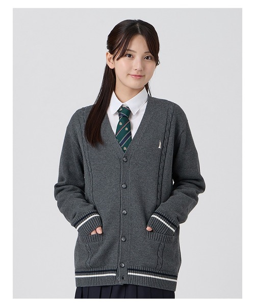 EASTBOY（イーストボーイ）の「カーディガン 綿×裏暖 プレーティング 7G ケーブル編 ライン入り 制服 スクールニット 中学生 高校生（カーディガン/ボレロ・キッズ・ネイビー/チャコール・11号/9号）」の12枚目の写真