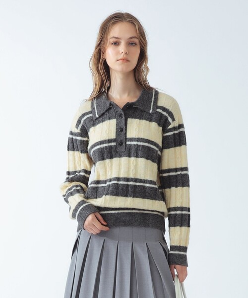 Ray BEAMS(レイビームス)の「ワイド ボーダー ポロ ニット(ニット/セーター・レディース・サックスブルー/クリーム・ONE SIZE)」の6枚目の写真