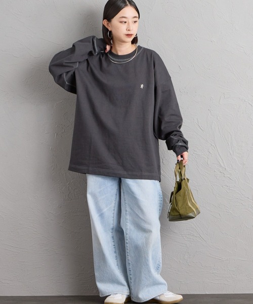 JEANS FACTORY （ジーンズファクトリー）の「[GYMPHLEX/ジムフレックス] ワンポイントロゴ刺繍 クルーネックロンT（Tシャツ/カットソー・レディース・ライトグレー/キナリ/グレー/ネイビー/ターコイズブルー・S/M/L）」の12枚目の写真