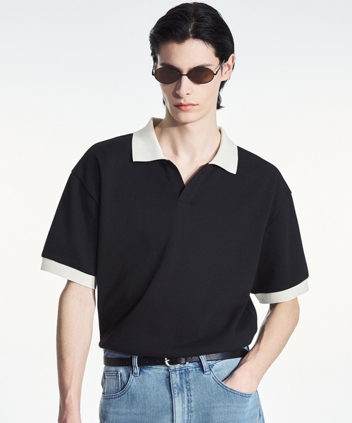 TNGT(ティーエヌジーティー)の「TNGT(ティーエヌジーティー)Kinoshita 配色スリットネックTシャツ(Tシャツ/カットソー・メンズ・ライトグリーン/ブラック・L/M)」の1枚目の写真