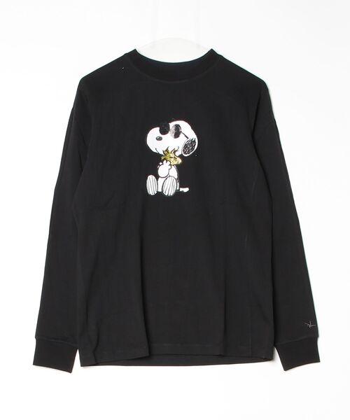 1PIU1UGUALE3 RELAX (ウノピゥウノウグァーレトレ リラックス)の「【1PIU1UGUALE3 RELAX】SNOOPY & WOODSTOCK LINESTONE L/S(Tシャツ/カットソー・メンズ・ブラック/ホワイト・LARGE/X-LARGE/MEDIUM)」の1枚目の写真