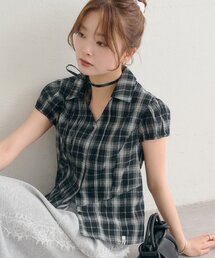 26AW衿付きチェックフレンチブラウス