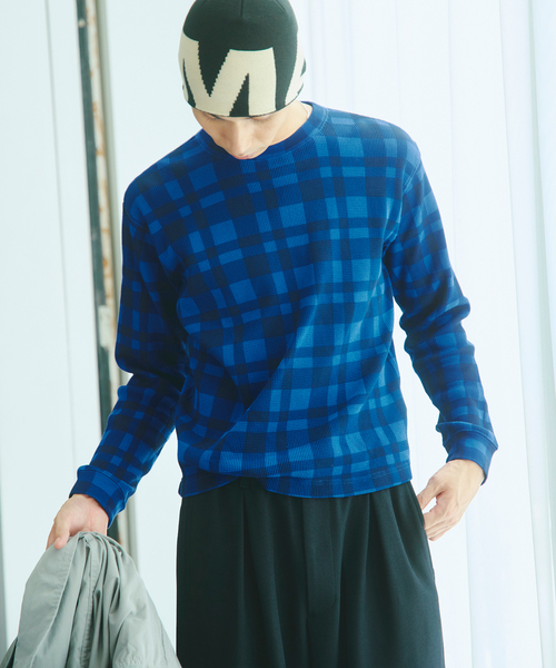 JOURNAL STANDARD(ジャーナルスタンダード)の「カラー チェック サーマル ロンT(Tシャツ/カットソー・メンズ・ネイビー/レッド・MEDIUM/LARGE)」の2枚目の写真