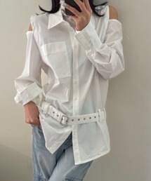 オフショルダーシャツワンピースベルト付き