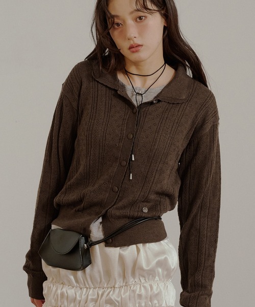 MUHET(ミュエータ)の「eyelet knit shirt cardigan / アイレットシャツカーディガン(カーディガン/ボレロ・レディース・チャコールグレー/ネイビー/レッド/ブラウン・FREE)」の1枚目の写真