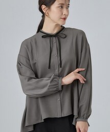 配色取り外しリボン付きフレアブラウス
