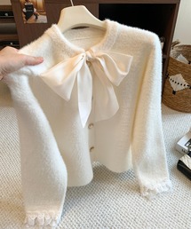 ビッグリボンレースシャギーニットカーディガン