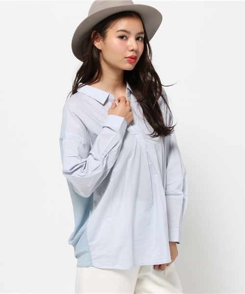 FREE'S MART（フリーズマート）の「【MOOK本掲載 紗栄子さん着用】異素材ドッキングゆるスキッパーブラウス（シャツ/ブラウス・レディース・ベージュ/ブルー/ホワイト/ブラック・FREE）」の4枚目の写真