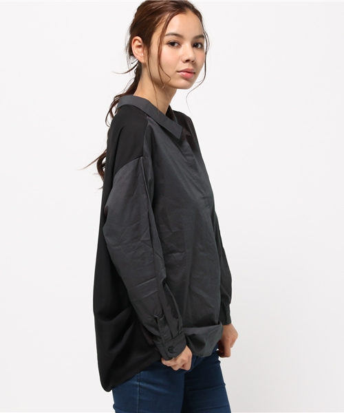 FREE'S MART（フリーズマート）の「【MOOK本掲載 紗栄子さん着用】異素材ドッキングゆるスキッパーブラウス（シャツ/ブラウス・レディース・ベージュ/ブルー/ホワイト/ブラック・FREE）」の2枚目の写真