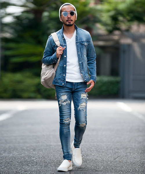 Buffalo Bobs（バッファローボブズ）の「FAIRMONT BURST-VILOFT(フェアモント バースト-バイロフト)ダメージ加工 スーパースキニーデニム（デニムパンツ・メンズ・ブルー・1/S/2/M/3/L/4(LL)）」の8枚目の写真