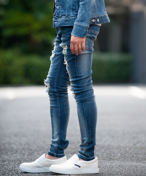 Buffalo Bobs（バッファローボブズ）の「FAIRMONT BURST-VILOFT(フェアモント バースト-バイロフト)ダメージ加工 スーパースキニーデニム（デニムパンツ・メンズ・ブルー・1/S/2/M/3/L/4(LL)）」の11枚目の写真