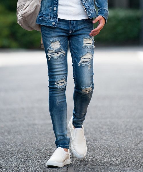 Buffalo Bobs（バッファローボブズ）の「FAIRMONT BURST-VILOFT(フェアモント バースト-バイロフト)ダメージ加工 スーパースキニーデニム（デニムパンツ・メンズ・ブルー・1/S/2/M/3/L/4(LL)）」の18枚目の写真