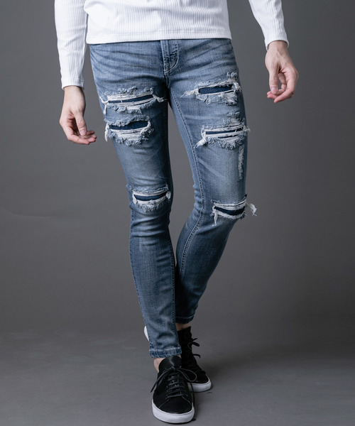 Buffalo Bobs（バッファローボブズ）の「FAIRMONT BURST-VILOFT(フェアモント バースト-バイロフト)ダメージ加工 スーパースキニーデニム（デニムパンツ・メンズ・ブルー・1/S/2/M/3/L/4(LL)）」の19枚目の写真