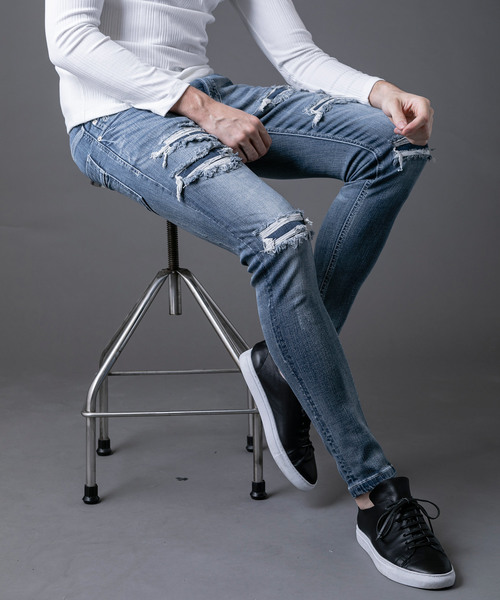 Buffalo Bobs（バッファローボブズ）の「FAIRMONT BURST-VILOFT(フェアモント バースト-バイロフト)ダメージ加工 スーパースキニーデニム（デニムパンツ・メンズ・ブルー・1/S/2/M/3/L/4(LL)）」の21枚目の写真