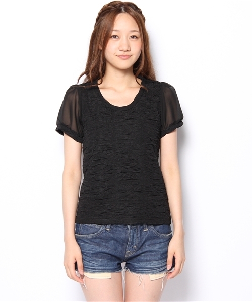 Chico（チコ）の「ふくれジャガード袖シフォンT（Tシャツ/カットソー・レディース・ホワイト/ベージュ/イエロー/ブラック・FREE）」の5枚目の写真