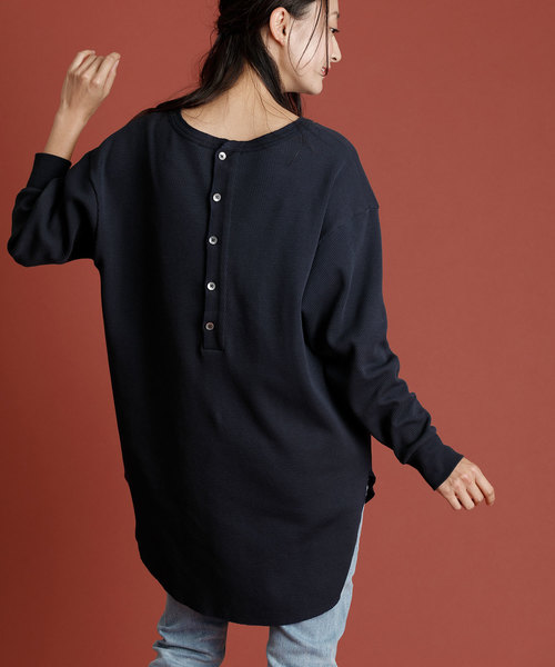 Munich（ミューニック）の「ストレッチサーマルバックヘンリーネックロングプルオーバー（Tシャツ/カットソー・レディース・ライトグレー/ネイビー/オフホワイト/サックスブルー/ピンク/ブラック/杢グレー/ベージュ・FREE）」の6枚目の写真