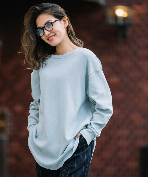 Munich（ミューニック）の「ストレッチサーマルバックヘンリーネックロングプルオーバー（Tシャツ/カットソー・レディース・ライトグレー/ネイビー/オフホワイト/サックスブルー/ピンク/ブラック/杢グレー/ベージュ・FREE）」の7枚目の写真