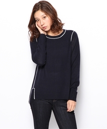 カシミヤ混サイドスリット入配色Aラインニット