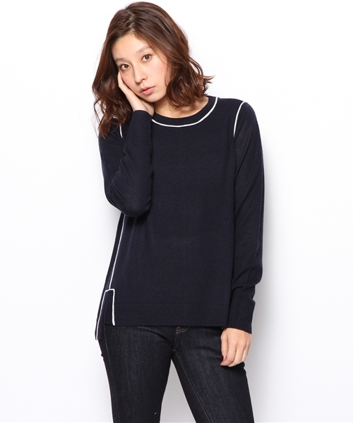 PLST(プラステ)の「カシミヤ混サイドスリット入配色Aラインニット(ニット/セーター・レディース・ヘザーグレー/ネイビー/サーモンピンク・2)」の1枚目の写真